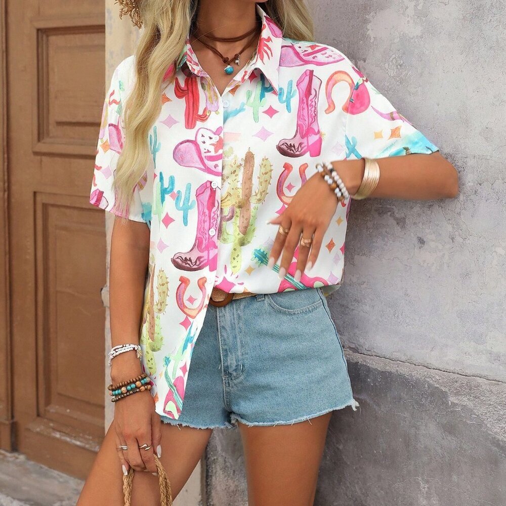 Multicolor Boho Women's Woven Graffiti Print Casual Short Sleeve Shirt - Picture 4 of 8